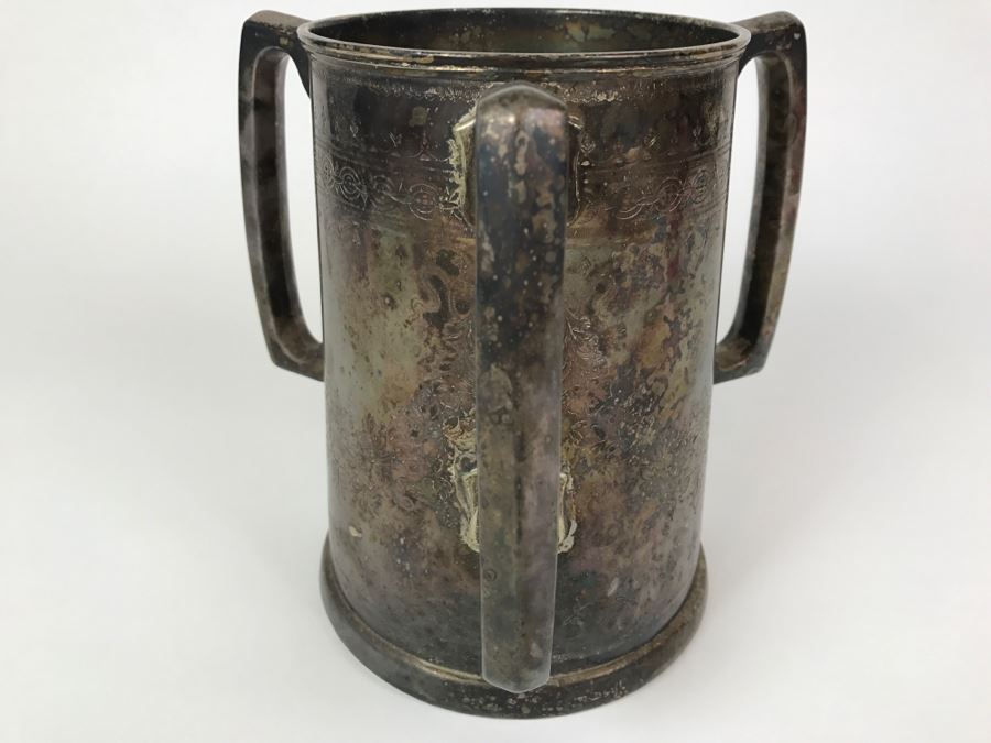 Antique 3-Handle Henry Atkin Atkin Brothers Sheffield British Plated Nickel Silver BPNS Mug Stein Tankard Glass Bottom Ship Mug 1,410g [Photo 4]