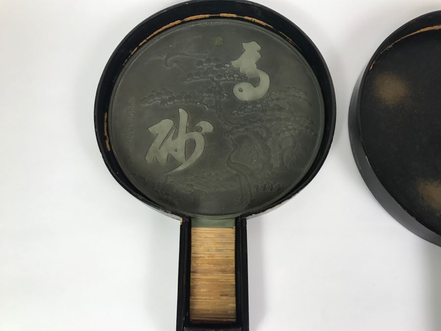 Antique Japanese Bronze Mirror With Lacquer Storage Box Geisha Accessory Japan Art [Photo 4]