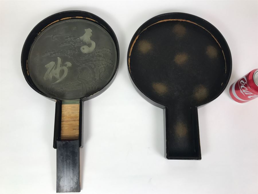 Antique Japanese Bronze Mirror With Lacquer Storage Box Geisha Accessory Japan Art [Photo 1]