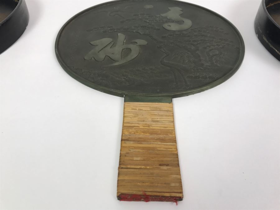 Antique Japanese Bronze Mirror With Lacquer Storage Box Geisha 