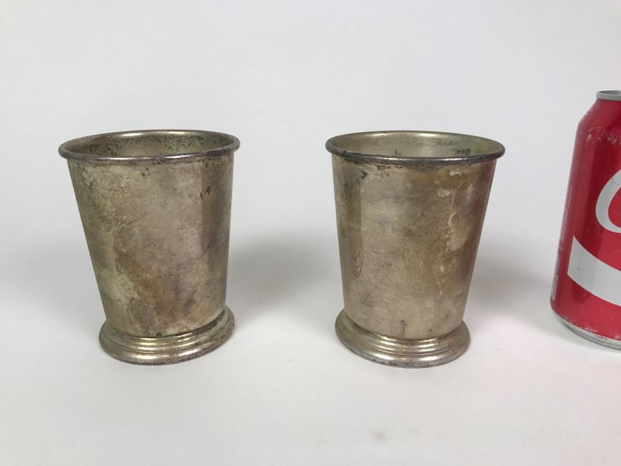 Pair Of Sheridan Taunton Silversmiths LTD E.P. Over Brass Cups From Kentucky Derby