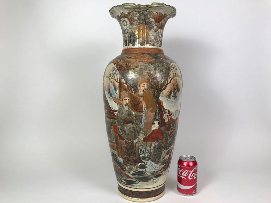 Stunning Large 24' Antique Asian Detailed Hand Painted Vase