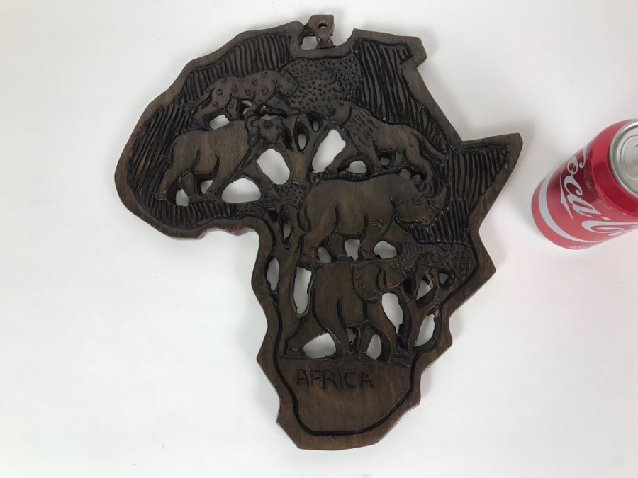 Hand Carved Wooden Map Of Africa With Wild Animal Motif Wall Hanging [Photo 2]