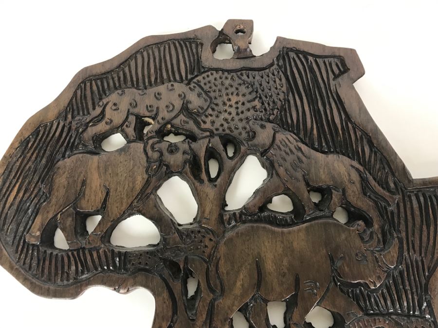 Hand Carved Wooden Map Of Africa With Wild Animal Motif Wall Hanging [Photo 6]