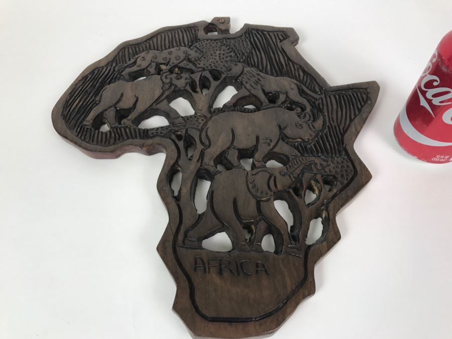 Hand Carved Wooden Map Of Africa With Wild Animal Motif Wall Hanging