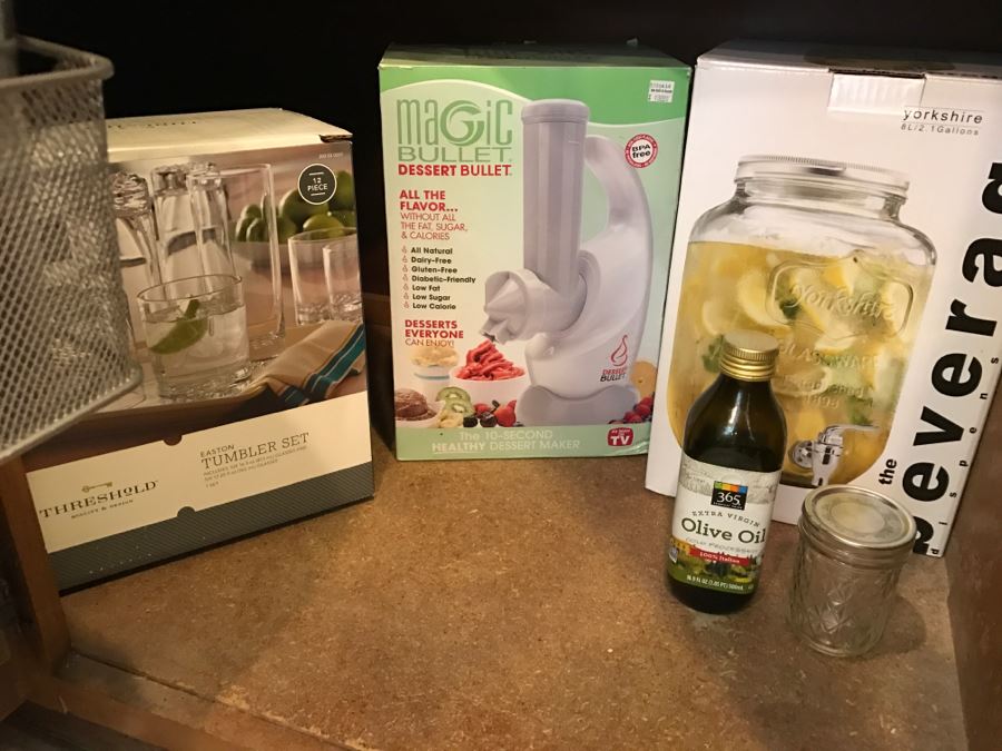 Huge Cabinet Lot Of Appliances, Glass Pyrex Bakeware, SS Teapot, Glass Tumbler Set, Magic Bullet, Mason Jars, Wooden Salad Bowl Set And More (See All Photos) [Photo 5]