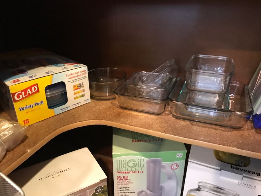 Huge Cabinet Lot Of Appliances, Glass Pyrex Bakeware, SS Teapot, Glass Tumbler Set, Magic Bullet, Mason Jars, Wooden Salad Bowl Set And More (See All Photos) [Photo 6]