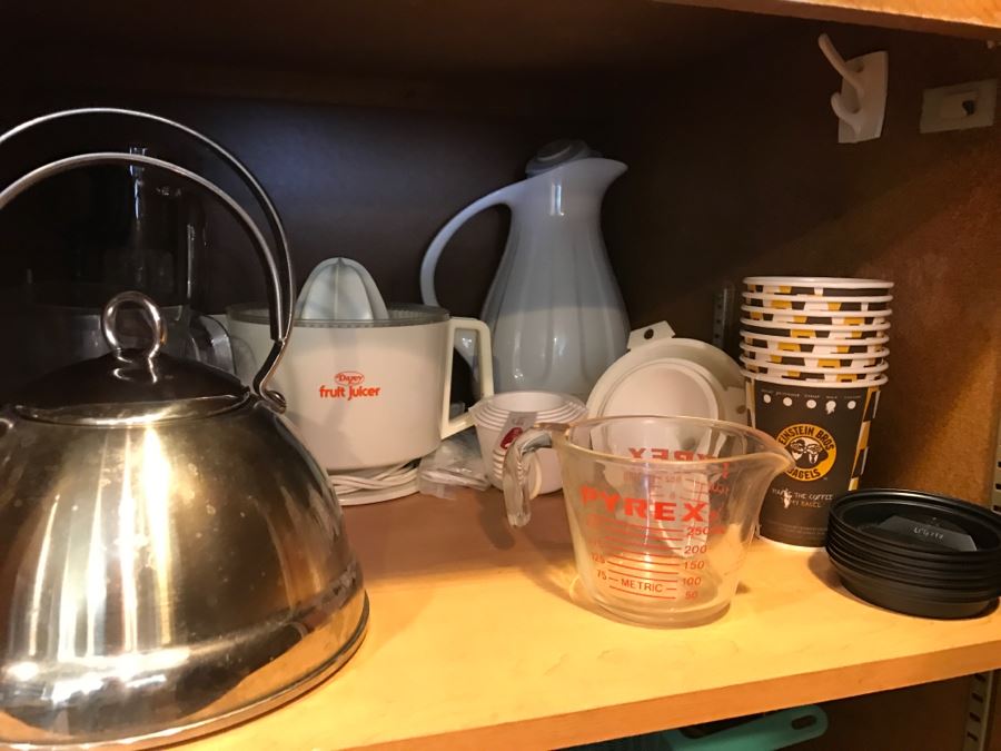 Huge Cabinet Lot Of Appliances, Glass Pyrex Bakeware, SS Teapot, Glass Tumbler Set, Magic Bullet, Mason Jars, Wooden Salad Bowl Set And More (See All Photos) [Photo 21]