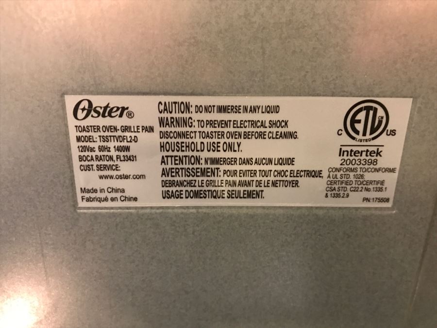 Oster Toaster Oven Model TSSTTVDFL2D