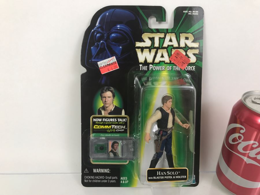 STAR WARS The Power Of The Force Han Solo With Blaster Pistol and Holster CommTech Chip Hasbro 1999 84185/84202 New On Card