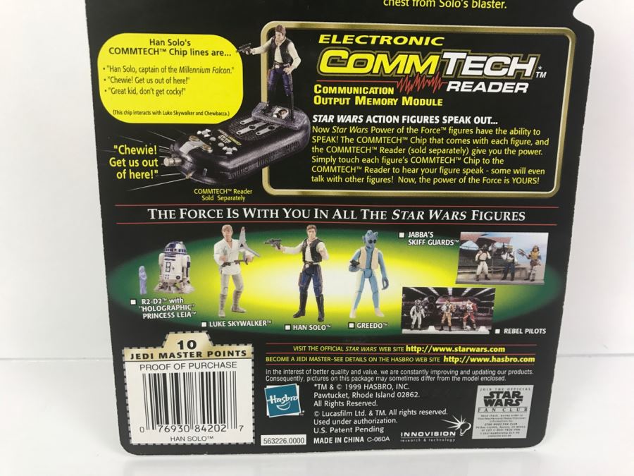 STAR WARS The Power Of The Force Han Solo With Blaster Pistol and Holster CommTech Chip Hasbro 1999 84185/84202 New On Card [Photo 11]