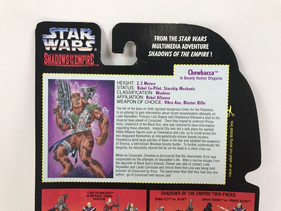 STAR WARS Shadows Of The Empire Chewbacca In Bounty Hunter Disguise With Vibro Axe And Heavy Blaster Rifle Kenner Hasbro 1996 69605/69562 New On Card [Photo 9]