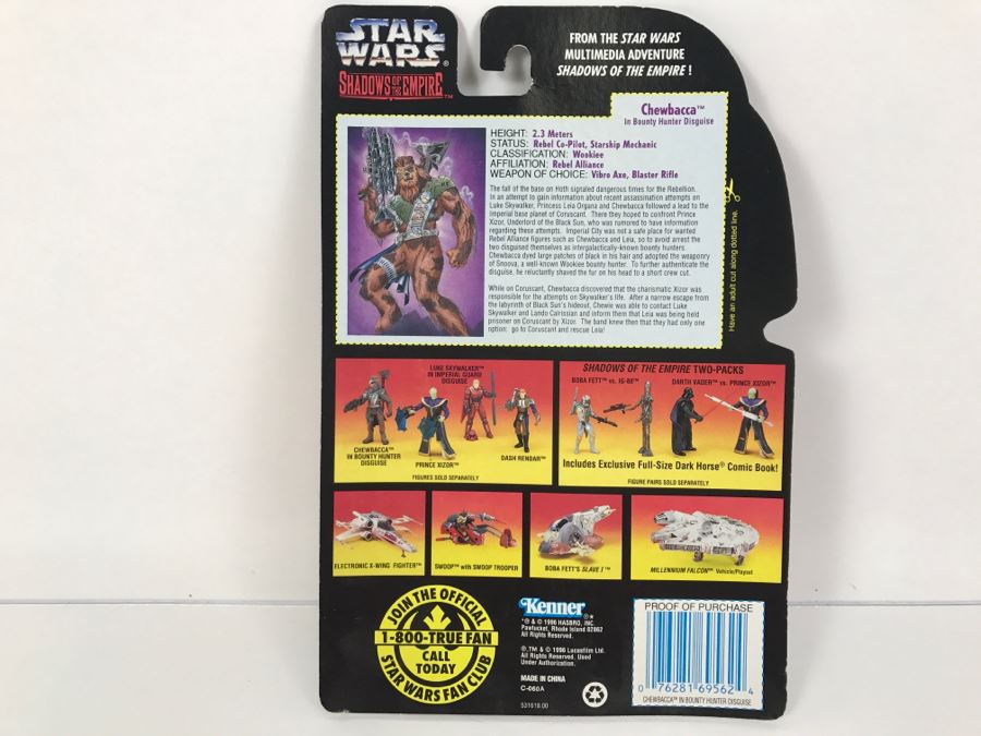 STAR WARS Shadows Of The Empire Chewbacca In Bounty Hunter Disguise With Vibro Axe And Heavy Blaster Rifle Kenner Hasbro 1996 69605/69562 New On Card [Photo 7]