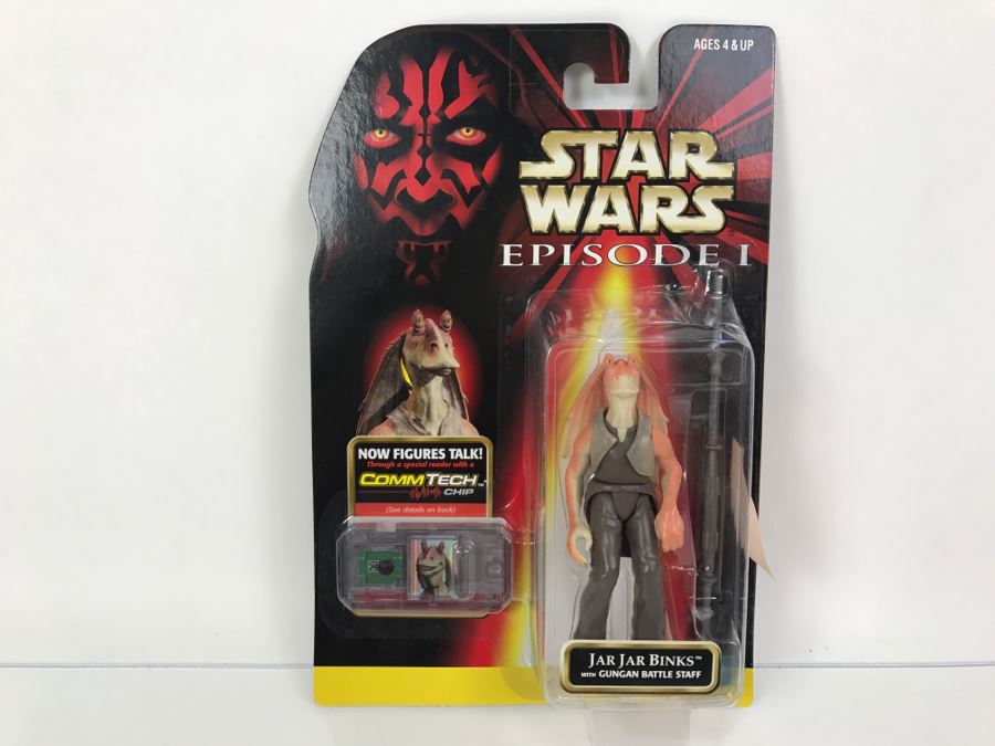 STAR WARS Episode 1 Jar Jar Binks With Gungan Battle Staff CommTech Chip Collection 1 Hasbro 1998 84085/84077 New On Card [Photo 1]