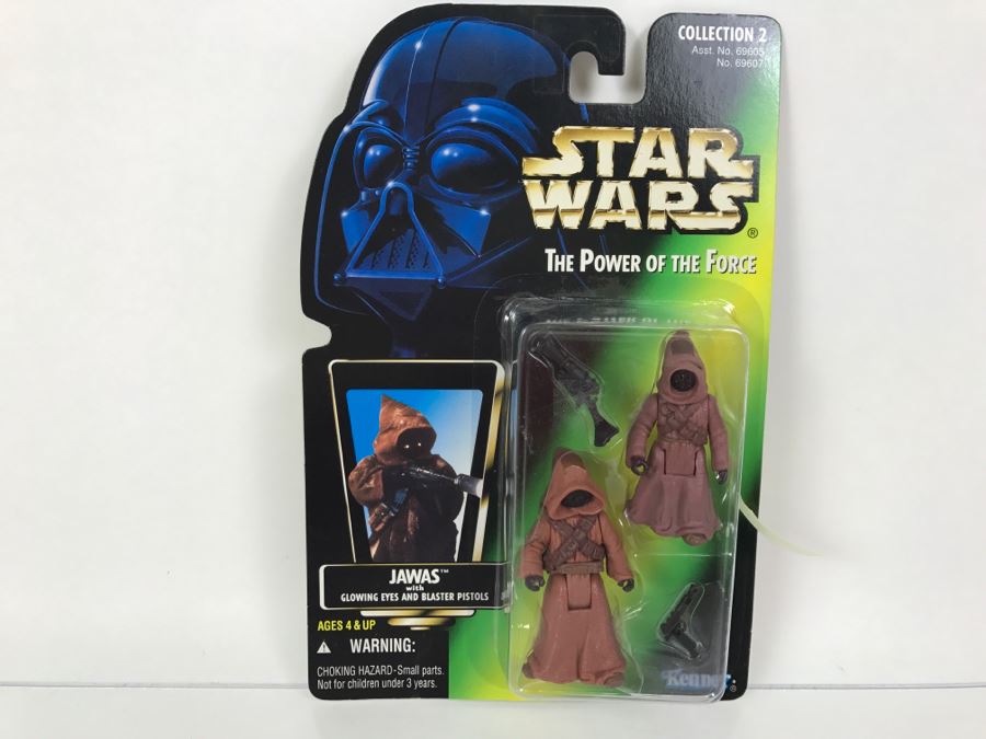 STAR WARS The Power Of The Force Jawas With Glowing Eyes And Blaster Pistols Collection 2 Kenner Hasbro 1996 69605/69607 New On Card
