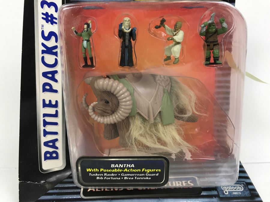 STAR WARS Action Fleet Battle Packs #3 Aliens & Creatures Bantha With Posable-Action Figures Tusken Raider, Gamorrean Guard, Bib Fortuna, Bre Tonnika Galoob 1996 68010 New On Card [Photo 3]