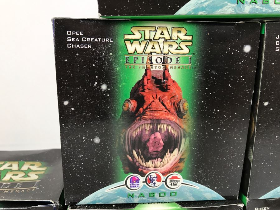 STAR WARS Episode 1 The Phantom Menace Taco Bell/KFC/Pizza Hut Collectors Items Naboo Set of 7 Including Anakin Skywalker, Opee Sea Creature, Jar Jar Binks, Queen AmiDala, and Boss Nass New In Box [Photo 4]