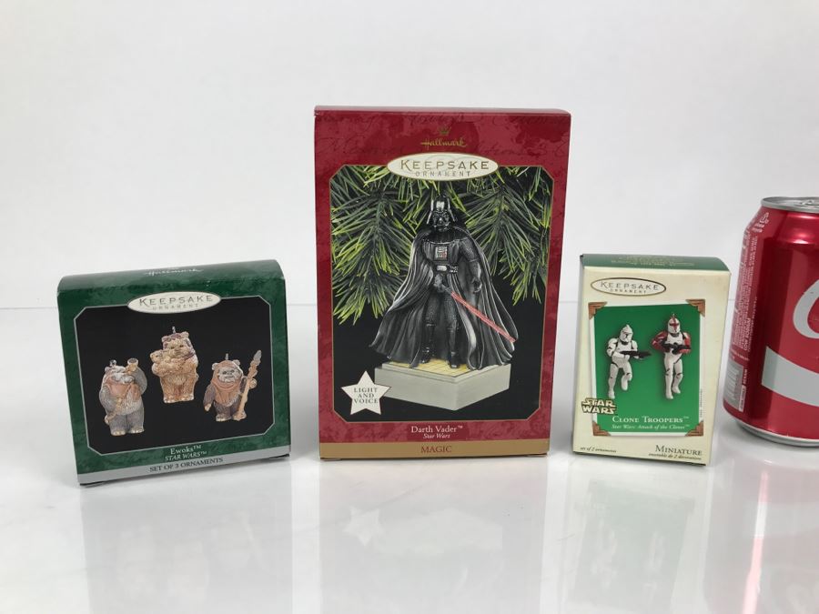 STAR WARS Assorted Christmas Hallmark Keepsake Ornaments 1 Each Ewoks 1998, Darth Vader 1997, and Clone Troopers 2003 New In Boxes [Photo 1]