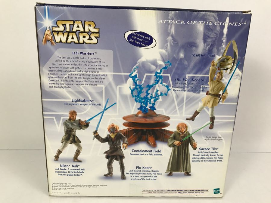 STAR WARS Attack Of The Clones Jedi Warriors With Nikto Jedi, Plo Koon, Saesee Tiin, Obi-Wan Kenobi, Assasin Droid, And Containment Field Hasbro 2003 26720 New In box [Photo 13]