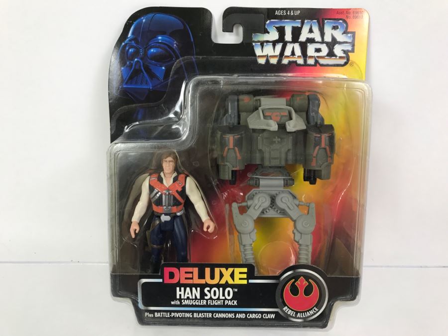 STAR WARS Rebel Alliance Deluxe Han Solo With Smuggler Flight Pack Kenner Hasbro 1996 69610/69612 New On Card