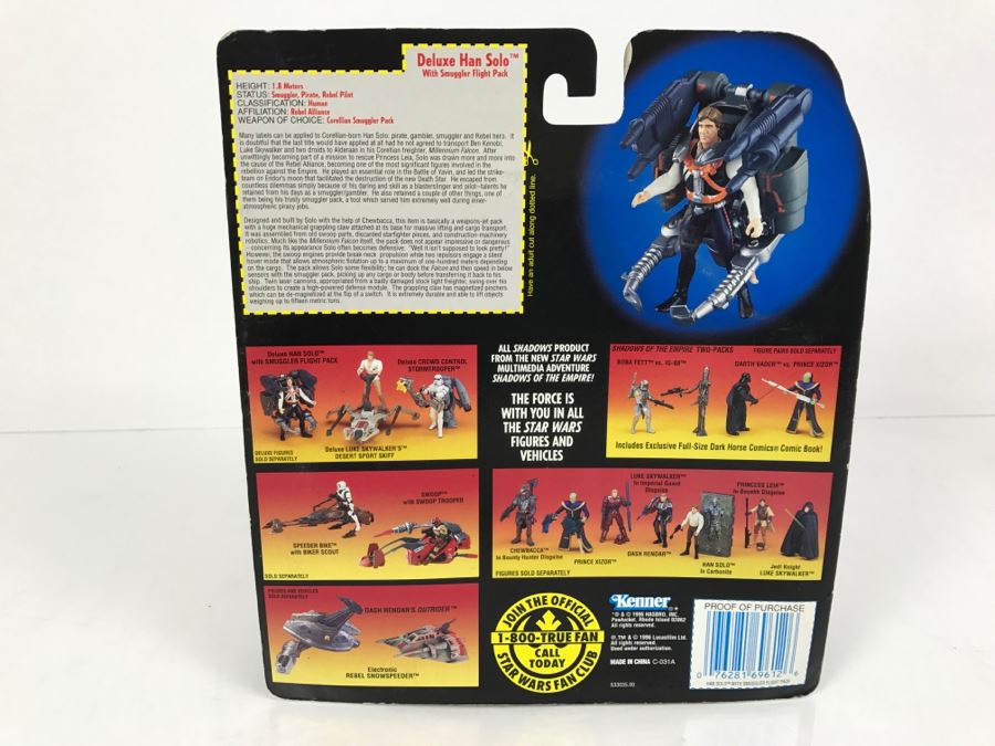 STAR WARS Rebel Alliance Deluxe Han Solo With Smuggler Flight Pack Kenner Hasbro 1996 69610/69612 New On Card [Photo 10]