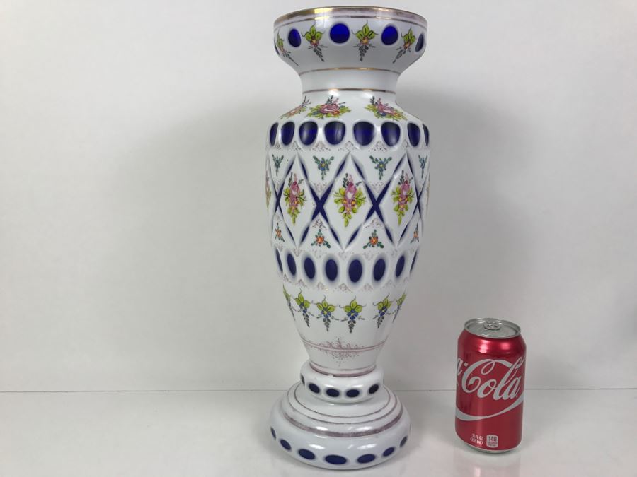 LARGE Vintage Bohemian Vase Art Glass White Cased Cut to Blue 16'H x 7'W
