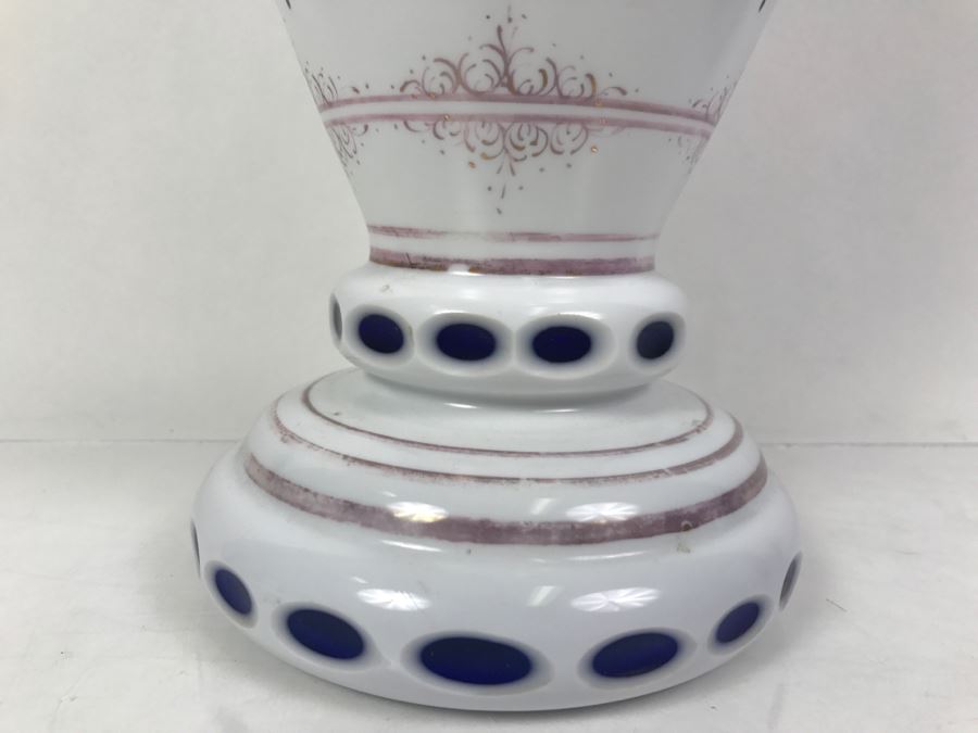 LARGE Vintage Bohemian Vase Art Glass White Cased Cut to Blue 16'H x 7'W [Photo 3]