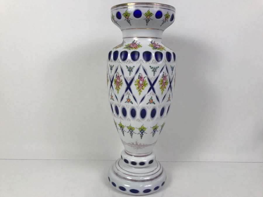 LARGE Vintage Bohemian Vase Art Glass White Cased Cut to Blue 16'H x 7'W [Photo 10]