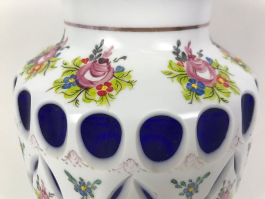LARGE Vintage Bohemian Vase Art Glass White Cased Cut to Blue 16'H x 7'W [Photo 12]
