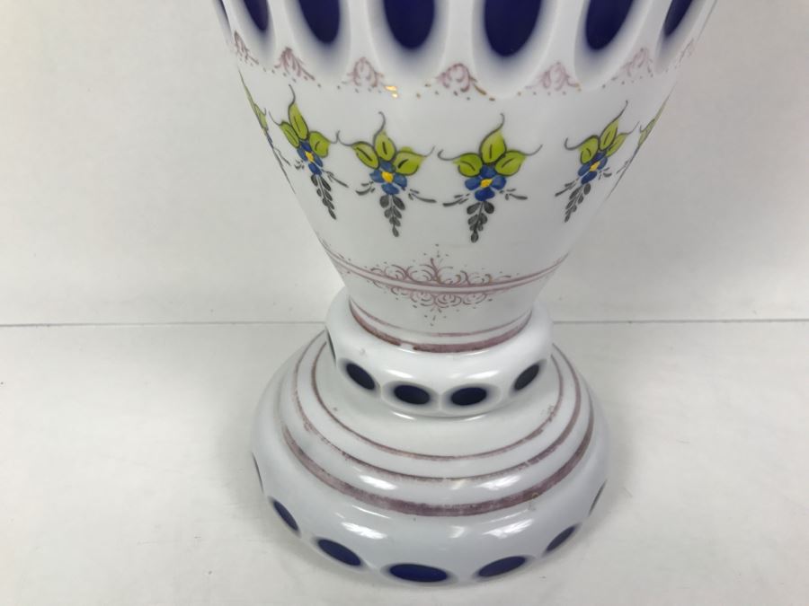LARGE Vintage Bohemian Vase Art Glass White Cased Cut to Blue 16'H x 7'W [Photo 2]