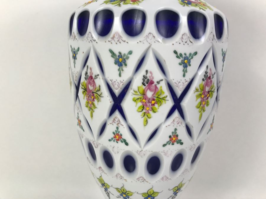 LARGE Vintage Bohemian Vase Art Glass White Cased Cut to Blue 16'H x 7'W [Photo 13]