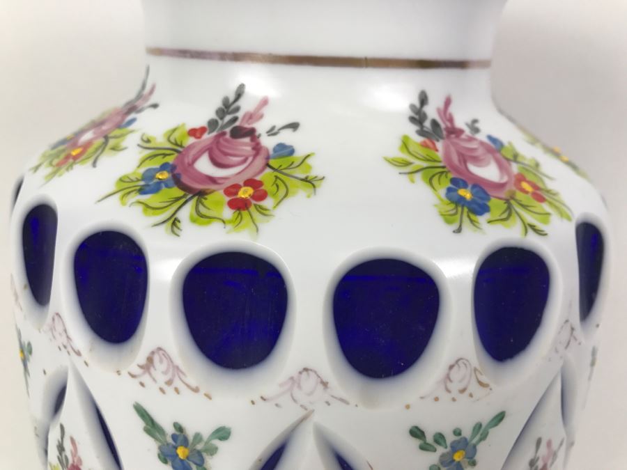 LARGE Vintage Bohemian Vase Art Glass White Cased Cut to Blue 16'H x 7'W [Photo 6]