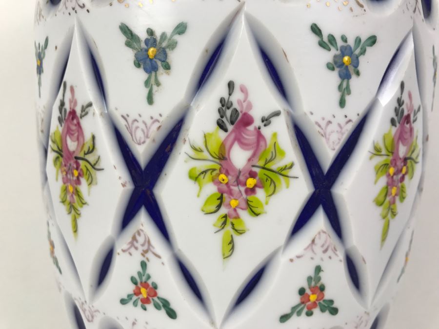 LARGE Vintage Bohemian Vase Art Glass White Cased Cut to Blue 16'H x 7'W [Photo 5]