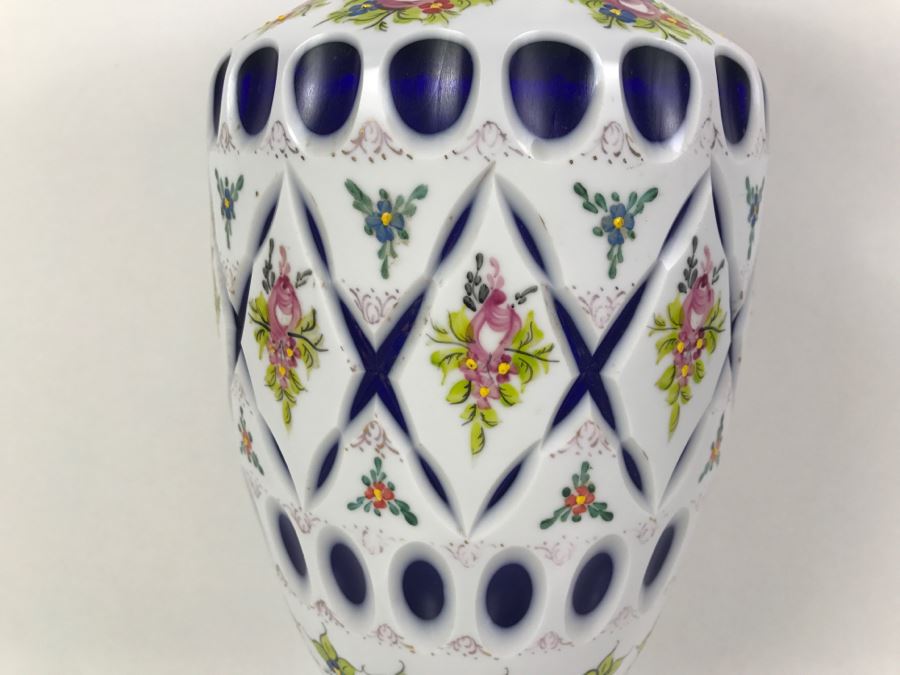 LARGE Vintage Bohemian Vase Art Glass White Cased Cut to Blue 16'H x 7'W [Photo 4]