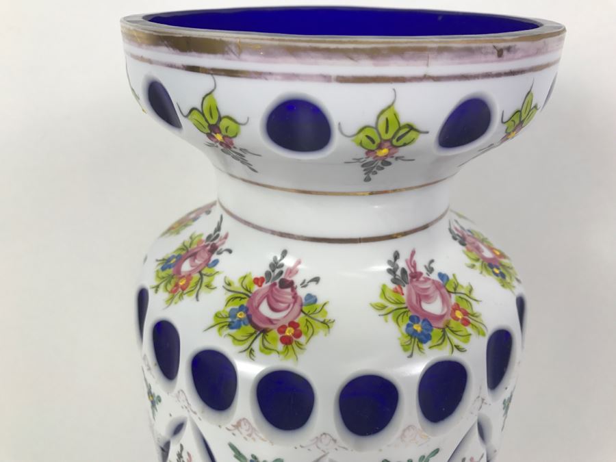 LARGE Vintage Bohemian Vase Art Glass White Cased Cut to Blue 16'H x 7'W [Photo 11]