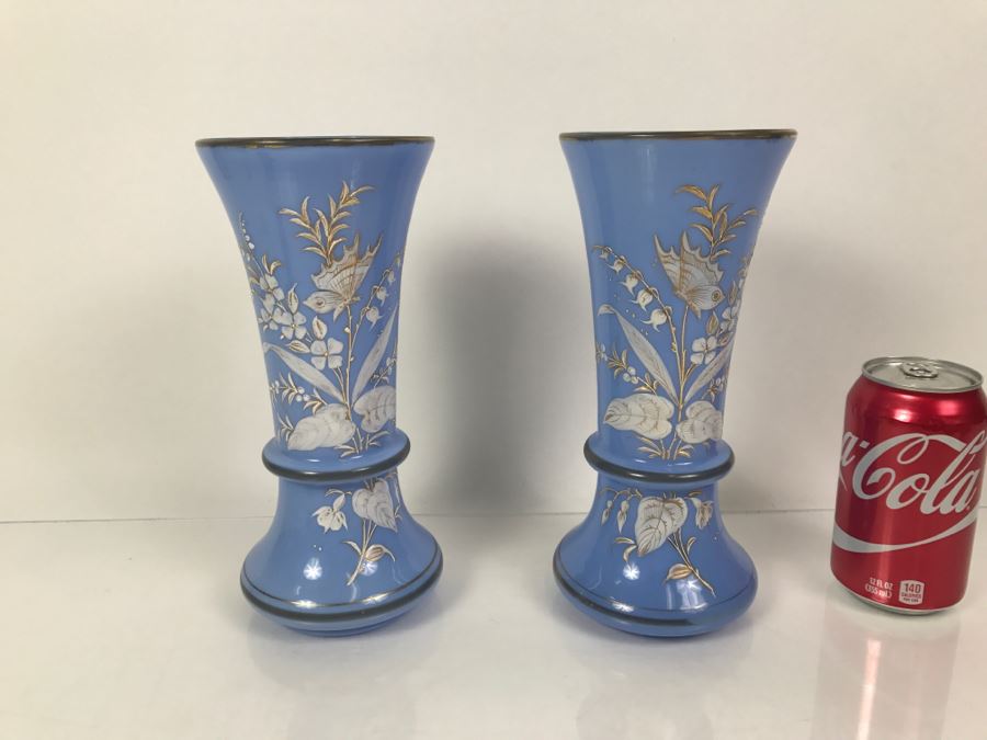 Pair Of Victorian Light Blue Glass Vases 9.5'H [Photo 11]