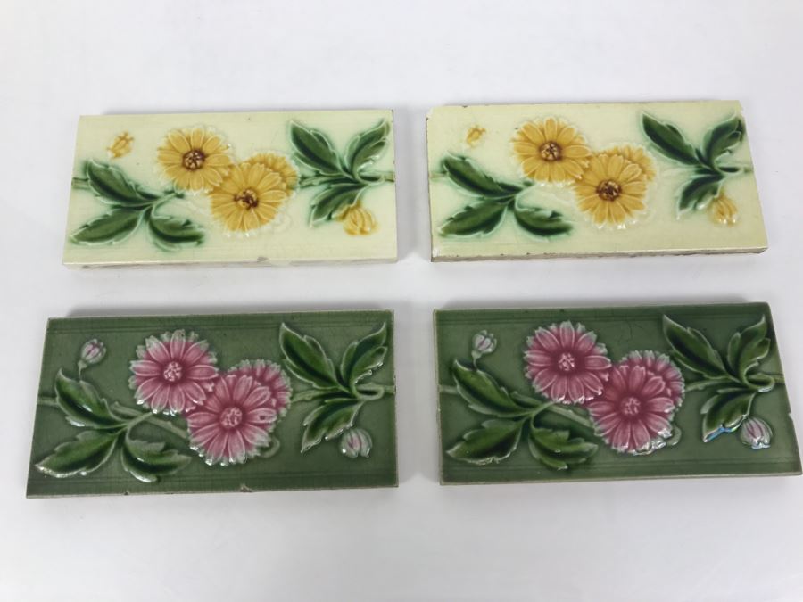 Set Of 4 Floral Motif Tiles Made In England