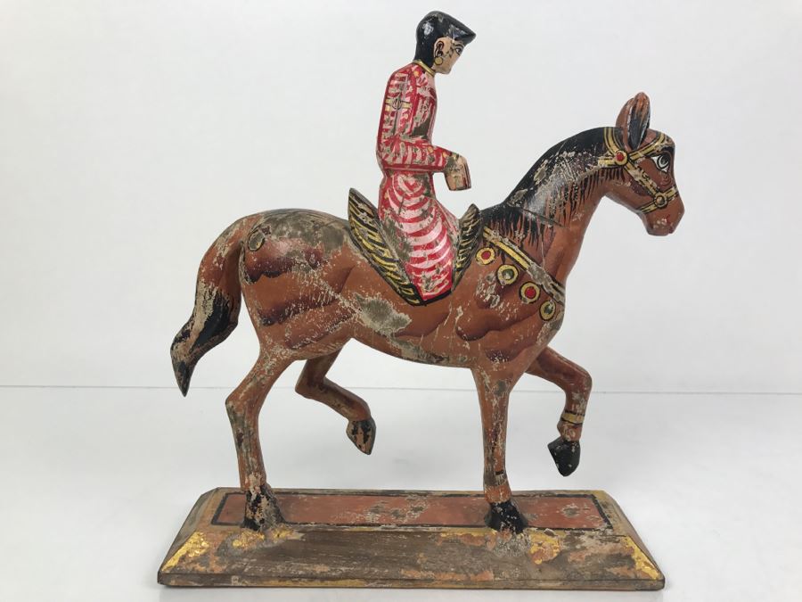 Folk Art Hand Painted Wooden Figure Riding Horse [Photo 1]
