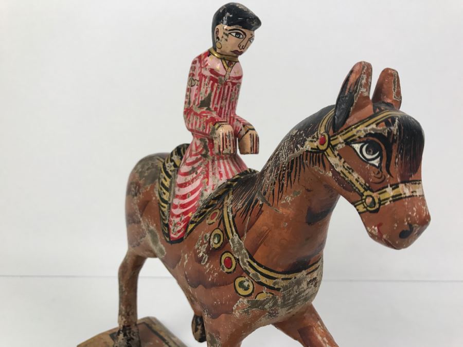Folk Art Hand Painted Wooden Figure Riding Horse [Photo 4]