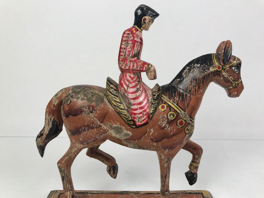Folk Art Hand Painted Wooden Figure Riding Horse [Photo 5]
