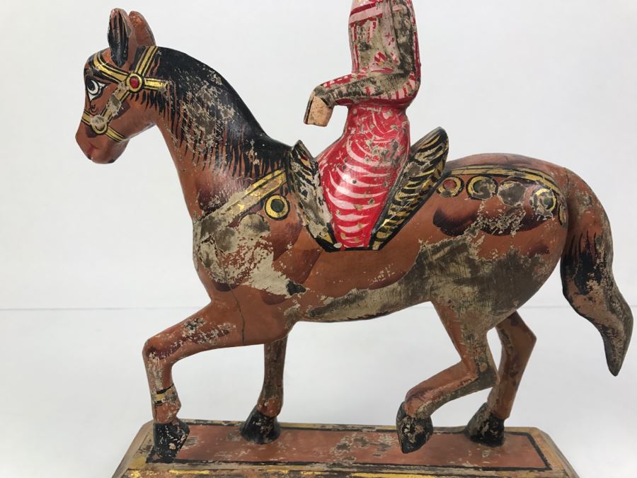 Folk Art Hand Painted Wooden Figure Riding Horse