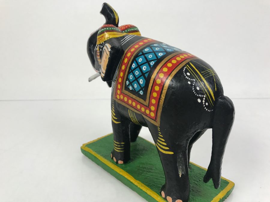Hand Painted Wooden Sculpture Of Elephant With Raised Trunk From India [Photo 10]