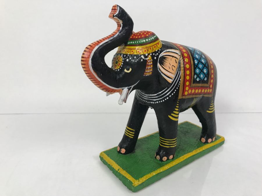 Hand Painted Wooden Sculpture Of Elephant With Raised Trunk From India [Photo 12]