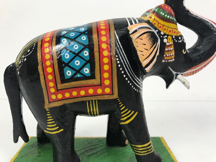 Hand Painted Wooden Sculpture Of Elephant With Raised Trunk From India [Photo 6]