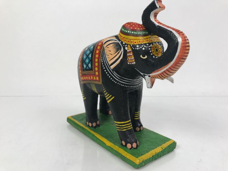 Hand Painted Wooden Sculpture Of Elephant With Raised Trunk From India [Photo 3]