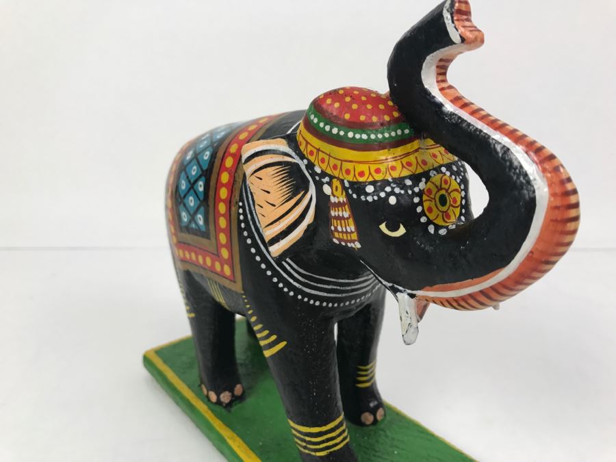 Hand Painted Wooden Sculpture Of Elephant With Raised Trunk From India [Photo 4]