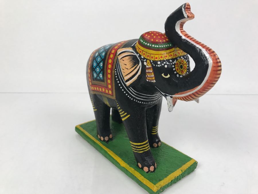 Hand Painted Wooden Sculpture Of Elephant With Raised Trunk From India [Photo 2]