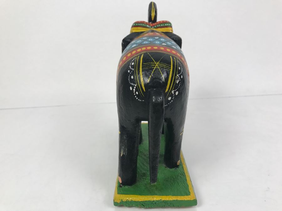 Hand Painted Wooden Sculpture Of Elephant With Raised Trunk From India [Photo 8]