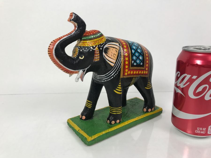 Hand Painted Wooden Sculpture Of Elephant With Raised Trunk From India [Photo 14]