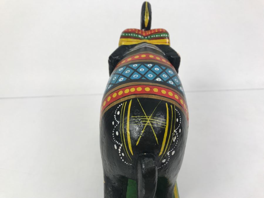 Hand Painted Wooden Sculpture Of Elephant With Raised Trunk From India [Photo 9]